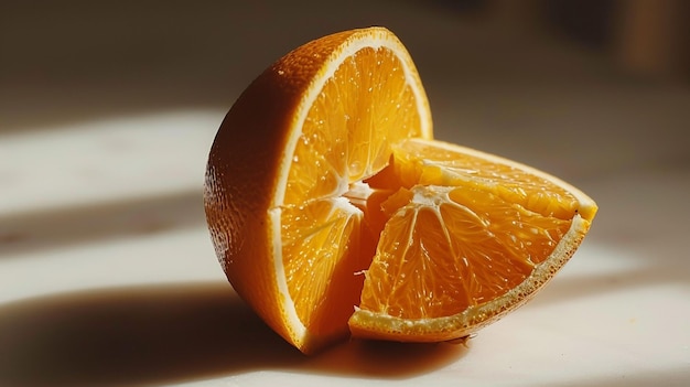 a slice of an orange is cut in half