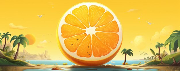 A slice of orange is shown on a beach