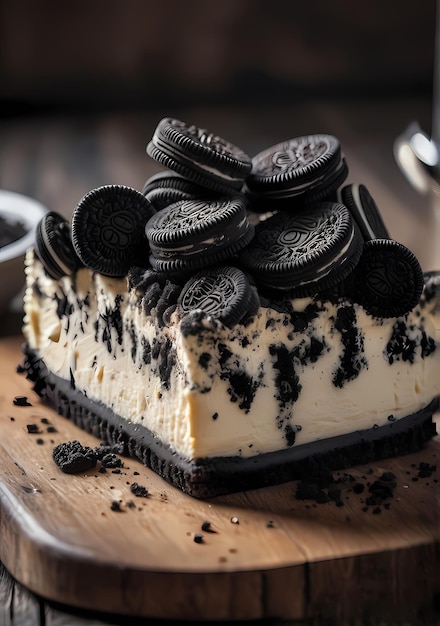 A Slice of Oreo Cheesecake Decorated with Cookies