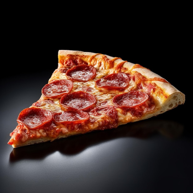 A slice of pepperoni pizza is shown on a black background.