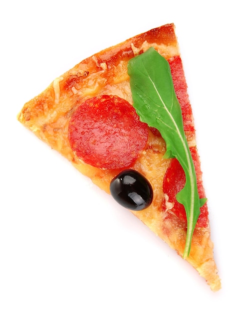 Slice of pepperoni pizza with olives and arugula isolated on white