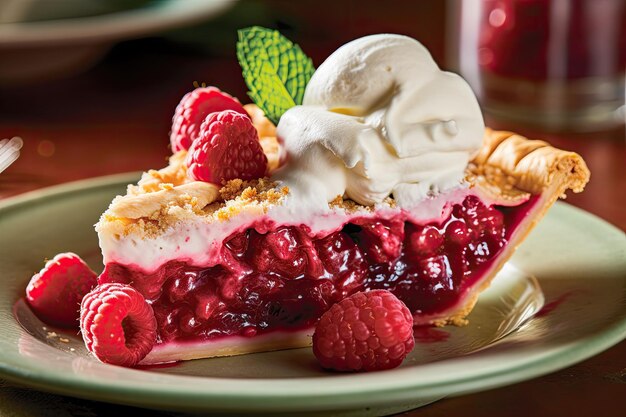 a slice of pie with whipped cream and raspberries