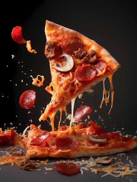 A slice of pizza is being thrown into the air and the pizza is being poured into the air.