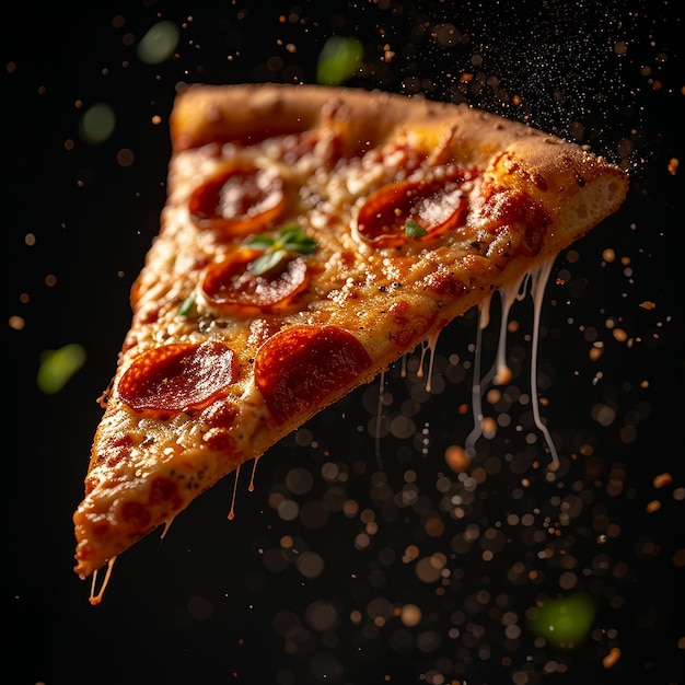 a slice of pizza is being thrown into the air