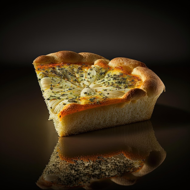 A slice of pizza with a dark background and a light shining on it.