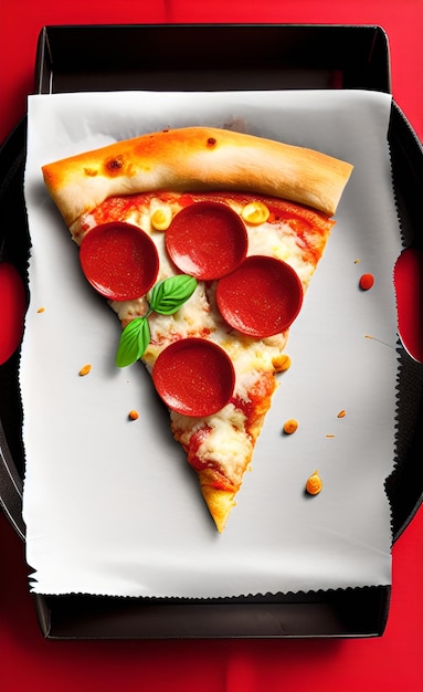 A slice of pizza with a red background