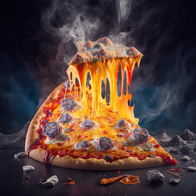 A slice of pizza with smoke coming out of it