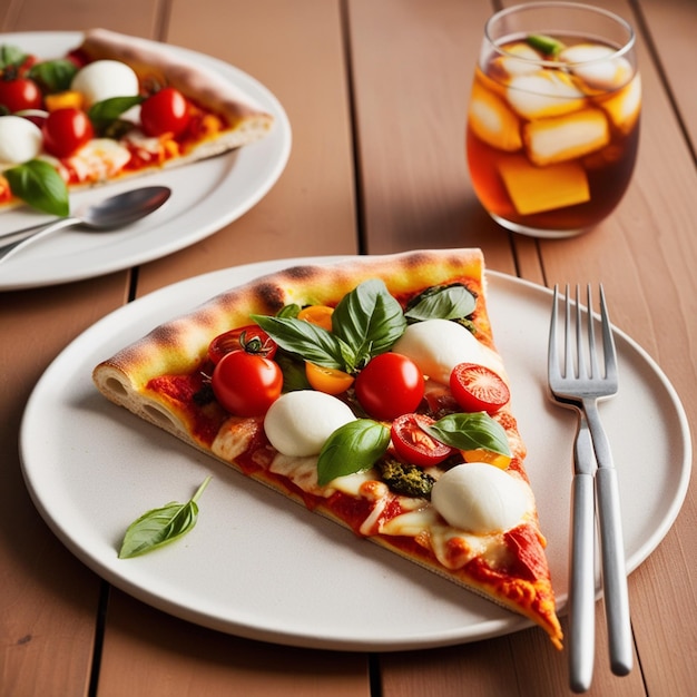 a slice of pizza with tomatoes and basil on it