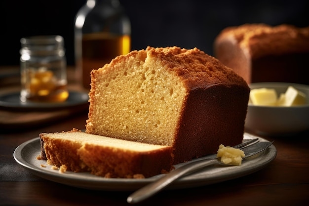 A slice of pound cake is on a plate next to a plate with a fork.