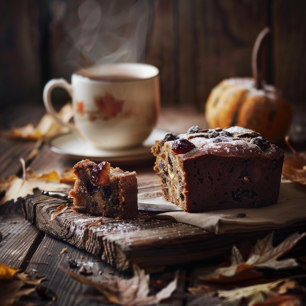 A slice of pumpkin bread is on a wooden table next to a cup of coffee