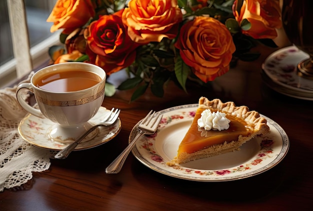 a slice of pumpkin pie on a plate with a cup of coffee in the style of extravagant table settings