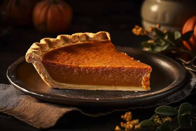 A slice of pumpkin pie sits on a plate.