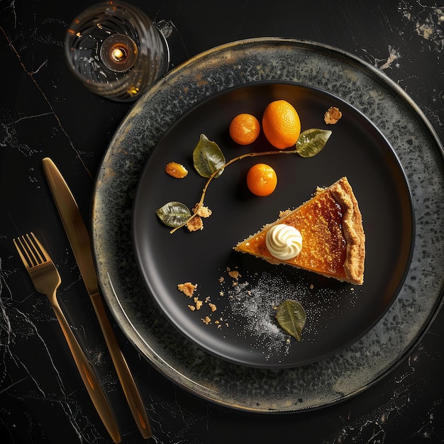 Photo a slice of pumpkin pie with whipped cream and orange garnish on a black plate with gold cutlery