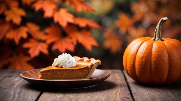 Photo slice of pumpkin pie with whipped cream pumpkin decoration and a blurred autumn background