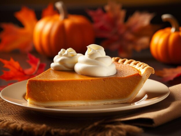 Photo a slice of pumpkin pie with whipped cream on top