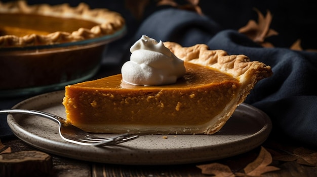 A slice of pumpkin pie with whipped cream on top