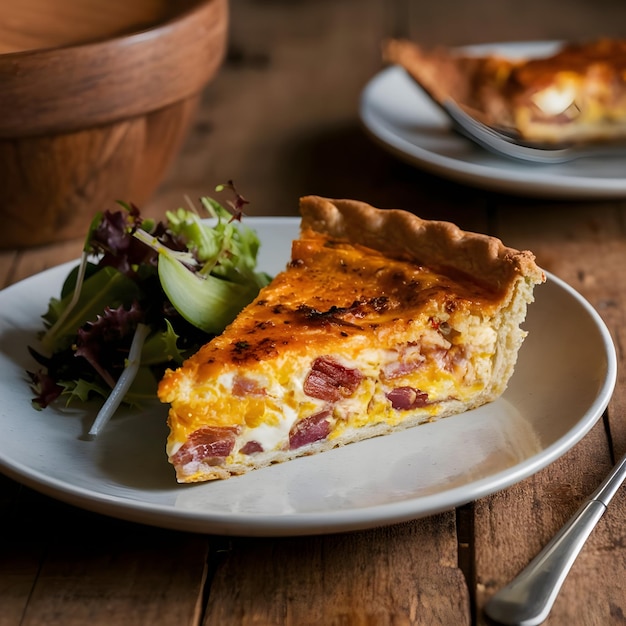 Photo a slice of quiche lorraine sits on a plate with a salad on it