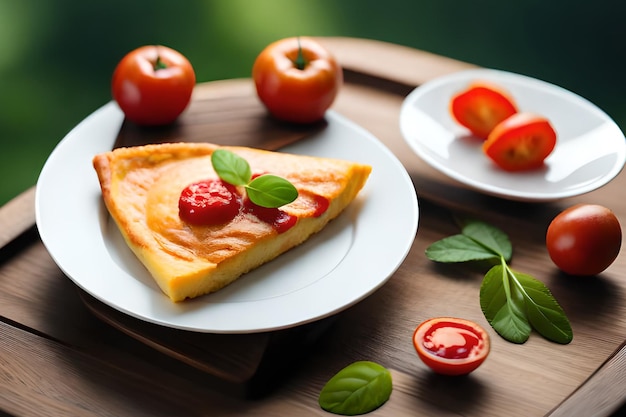 A slice of quiche sits on a plate next to tomatoes and basil.