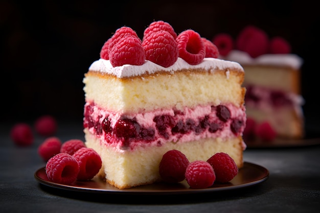 A slice of raspberry cake with raspberries on top