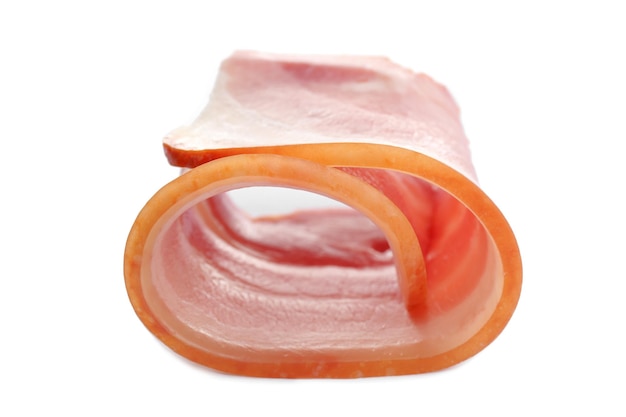 Slice of raw bacon on white background