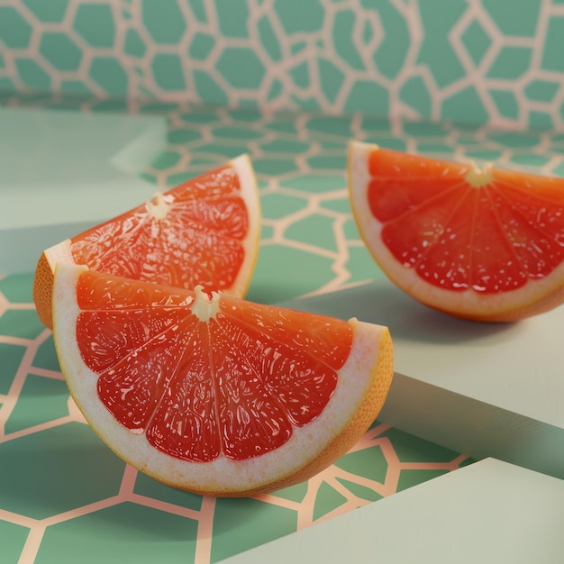 A slice of red grapefruit is shown on a green background