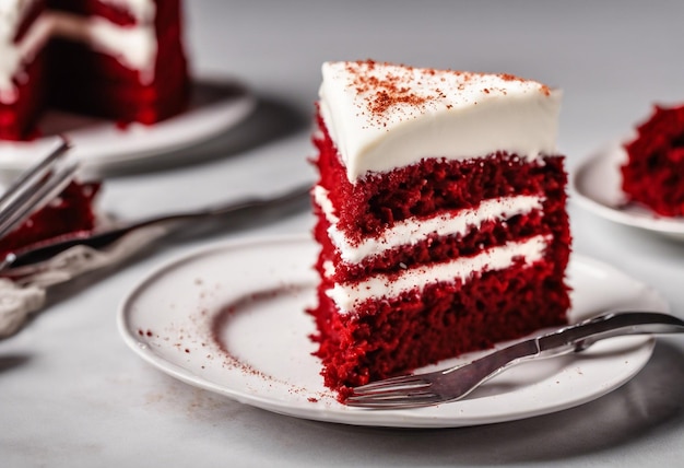 a slice of red velvet cake sits on a plate with a fork