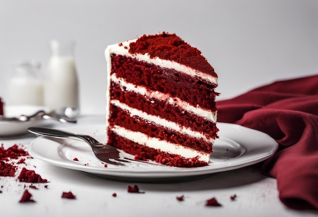 a slice of red velvet cake sits on a plate with a fork