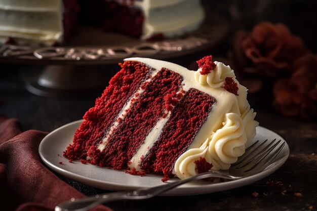 A slice of red velvet cake with cream cheese frosting and a fork on a plate.