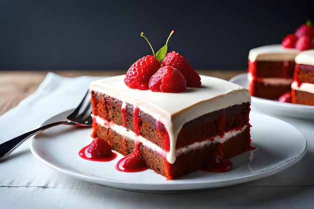 A slice of red velvet cake with cream cheese frosting and raspberries on top.