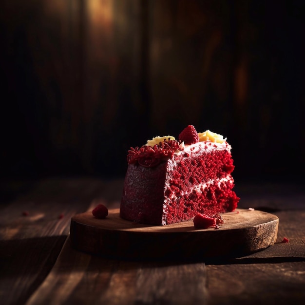 A slice of red velvet cake with raspberries on a wooden board.