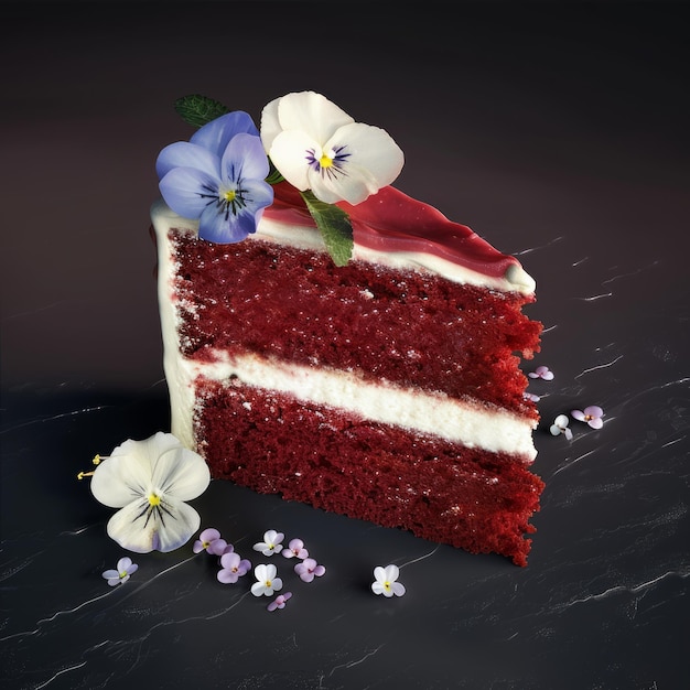 A slice of red velvet cake with white frosting and blue flowers on top