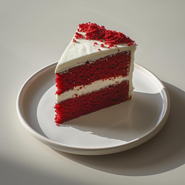 a slice of red velvet cake with white frosting and a piece of cake on a plate