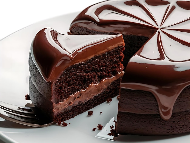 A slice of rich chocolate cake with glossy ganache frosting