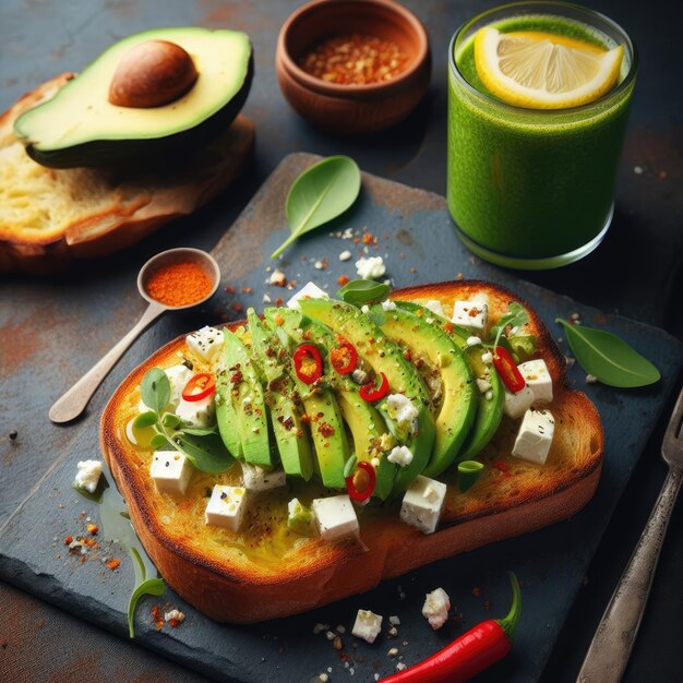 Photo a slice of roasted garlic bread topped with sliced avocado feta cheese and red pepper flakes