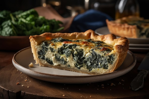 A slice of spinach quiche on a plate