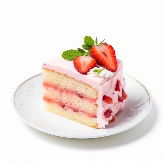 Slice of strawberry cake on a white background