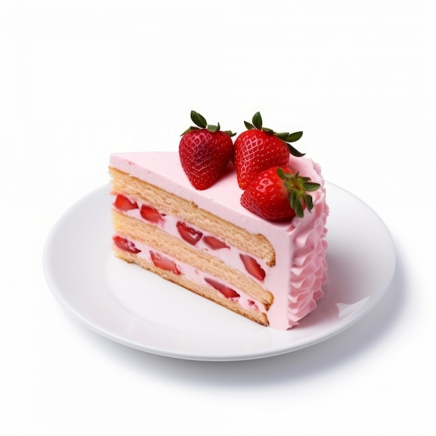 Slice of strawberry cake on a white background