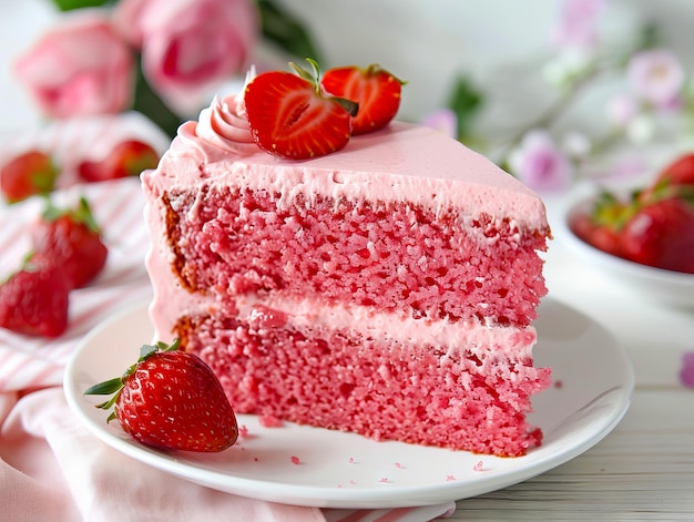 A slice of strawberry cake on a white plate