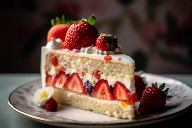 A slice of strawberry cheesecake with strawberries on top