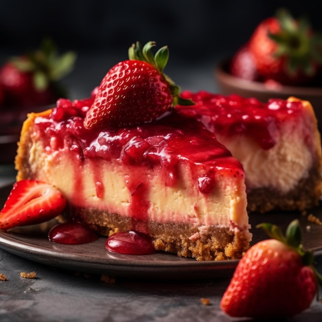 A slice of strawberry cheesecake with a strawberry on the side