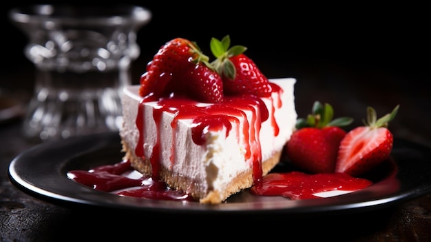 A slice of strawberry cheesecake with a strawberry on top