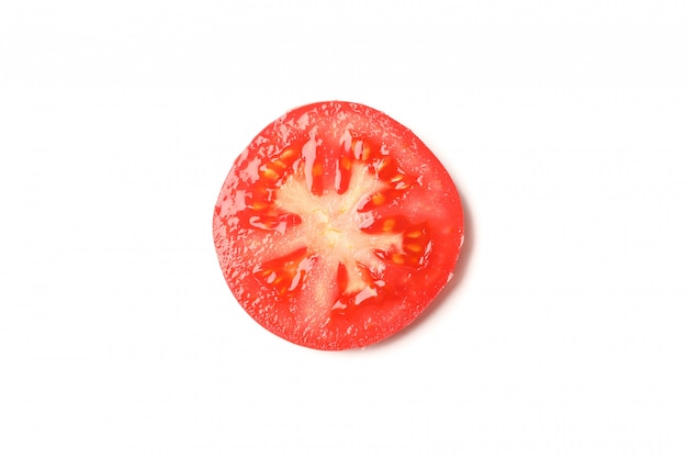 Slice of tasty tomato isolated on white background