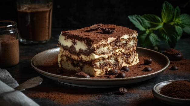 A slice of tiramisu on a plate with coffee in the background