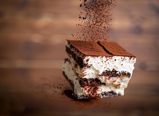 A slice of tiramisu with chocolate dust being poured over it