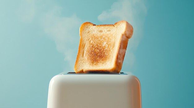 Photo a slice of toast flying out of a white toaster with steam coming up