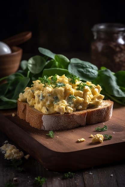 A slice of toast with scrambled eggs on it.