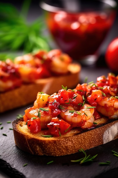 A slice of toast with shrimp on it