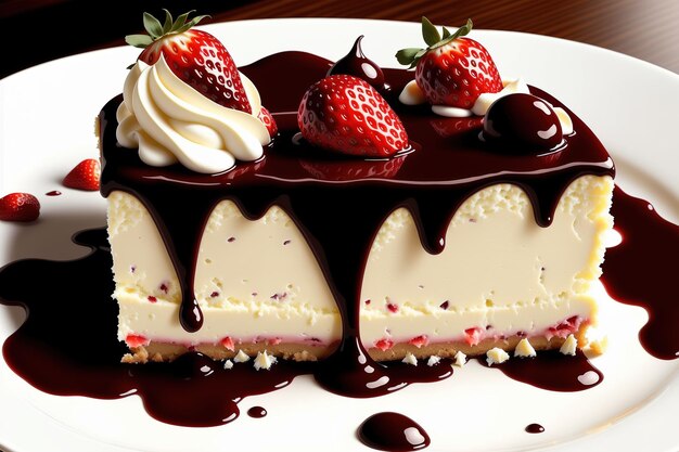 A slice of vanilla cheesecake with chocolate sauce and strawberries.