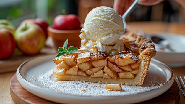 A slice of warm apple pie with a scoop of vanilla ice cream