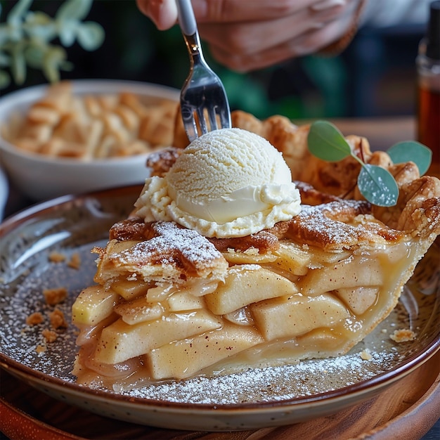 A slice of warm apple pie with a scoop of vanilla ice cream